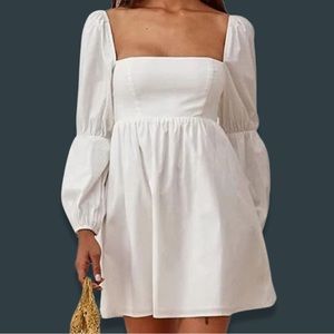 French Dress Square Neck High Waist Bubble Sleeve A Line Womens Casual